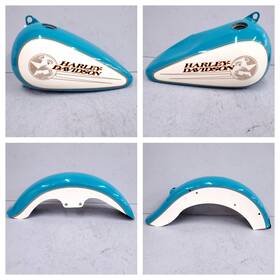 61426-85 Harley-davidson Fat Boy Custom Painted Set Tins Dented Turquoise Cream