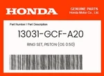 Honda Genuine Ring Set, Piston (os 0.50) 13031-GCF-A20. Fixed Price $38.13.